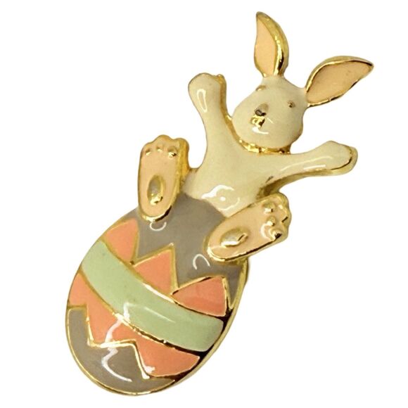 VTG Steinmetz Easter Bunny Egg Brooch Pin 1 5/8" Gold Tone Pastel Enamel Signed - Picture 2 of 10